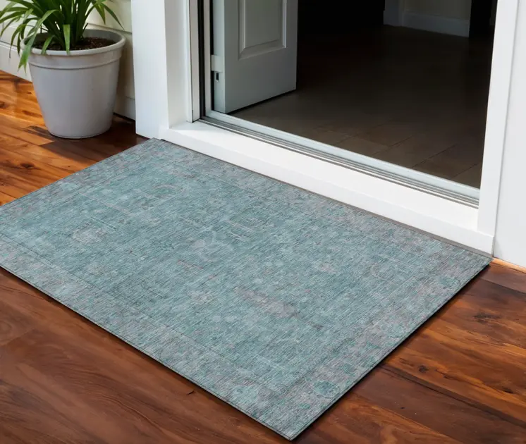 3' X 5' Teal Blue And Gray Oriental Washable Indoor Outdoor Area Rug