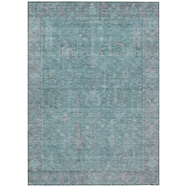 3' X 5' Teal Blue And Gray Oriental Washable Indoor Outdoor Area Rug
