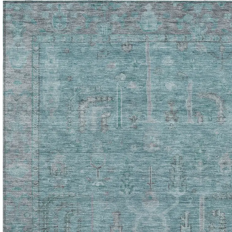 3' X 5' Teal Blue And Gray Oriental Washable Indoor Outdoor Area Rug