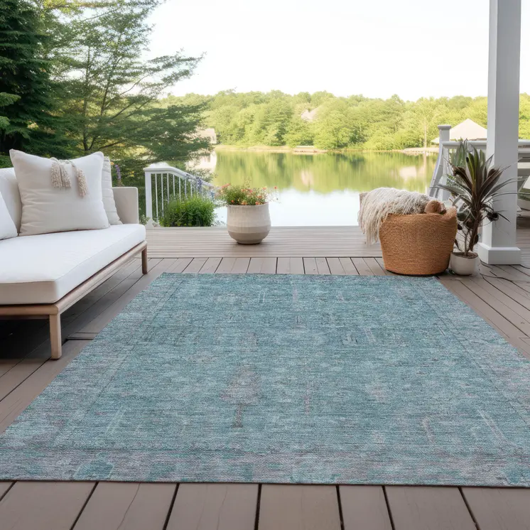 5' X 8' Teal Blue And Gray Oriental Washable Indoor Outdoor Area Rug