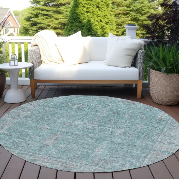 8' Teal Blue And Gray Round Oriental Washable Indoor Outdoor Area Rug