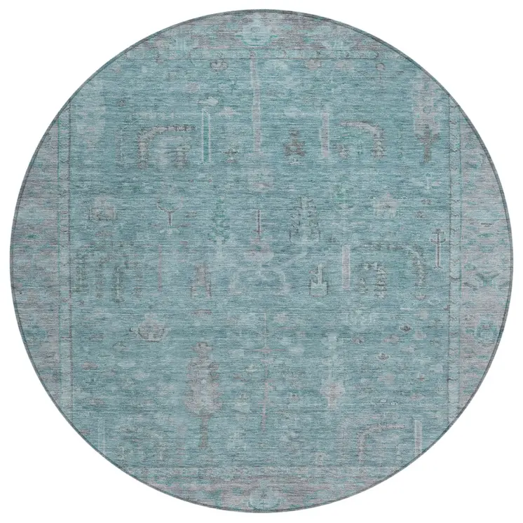 8' Teal Blue And Gray Round Oriental Washable Indoor Outdoor Area Rug