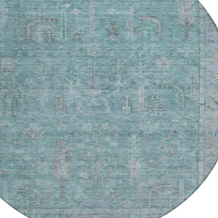 8' Teal Blue And Gray Round Oriental Washable Indoor Outdoor Area Rug