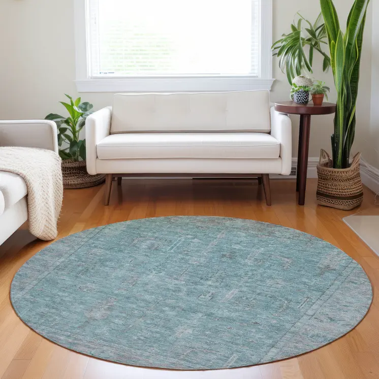 8' Teal Blue And Gray Round Oriental Washable Indoor Outdoor Area Rug