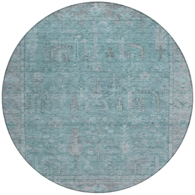8' Teal Blue And Gray Round Oriental Washable Indoor Outdoor Area Rug