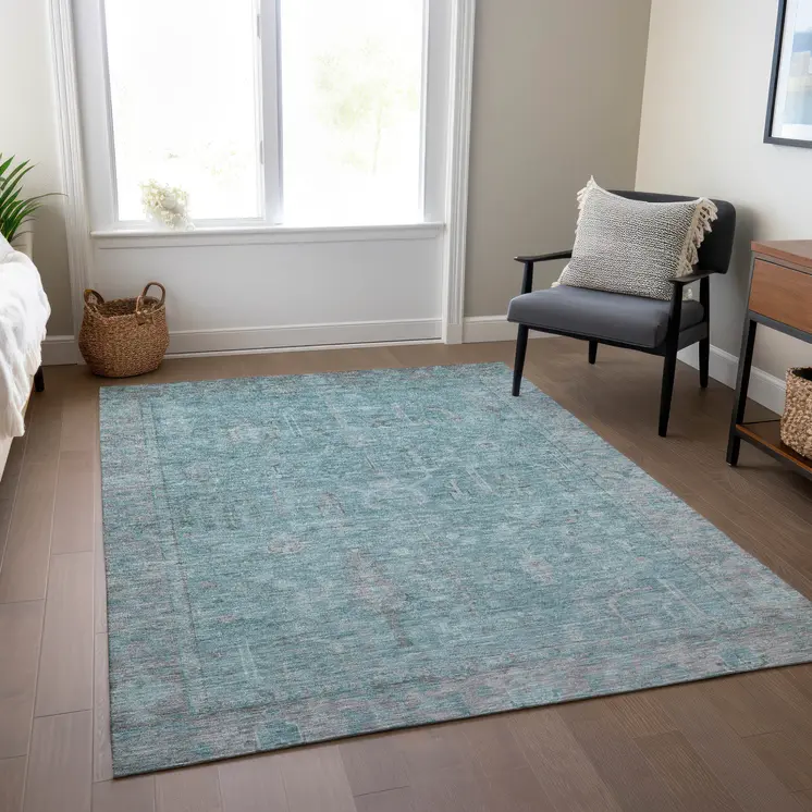 8' X 10' Teal Blue And Gray Oriental Washable Indoor Outdoor Area Rug