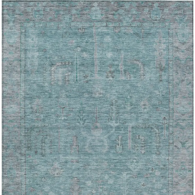 10' X 14' Teal Blue And Gray Oriental Washable Indoor Outdoor Area Rug
