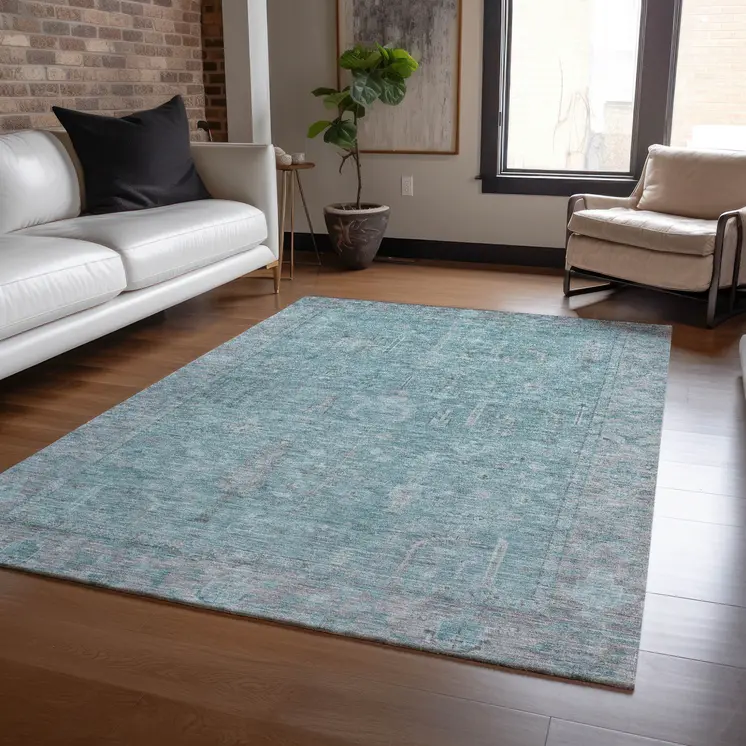 10' X 14' Teal Blue And Gray Oriental Washable Indoor Outdoor Area Rug