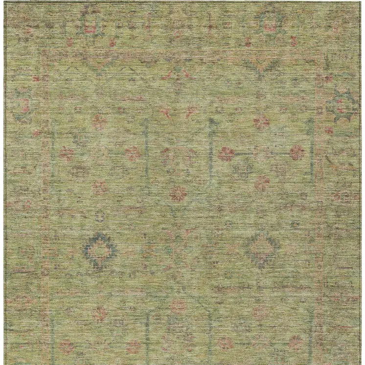 5' X 8' Artichoke Green Pink And Tan Floral Washable Indoor Outdoor Area Rug