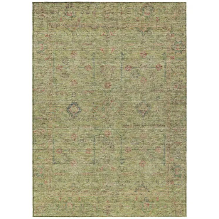 5' X 8' Artichoke Green Pink And Tan Floral Washable Indoor Outdoor Area Rug