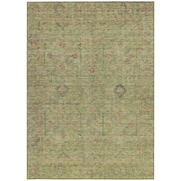 9' X 12' Artichoke Green Pink And Tan Floral Washable Indoor Outdoor Area Rug