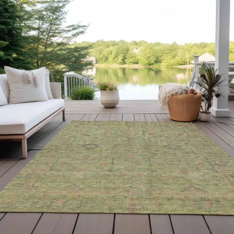 9' X 12' Artichoke Green Pink And Tan Floral Washable Indoor Outdoor Area Rug