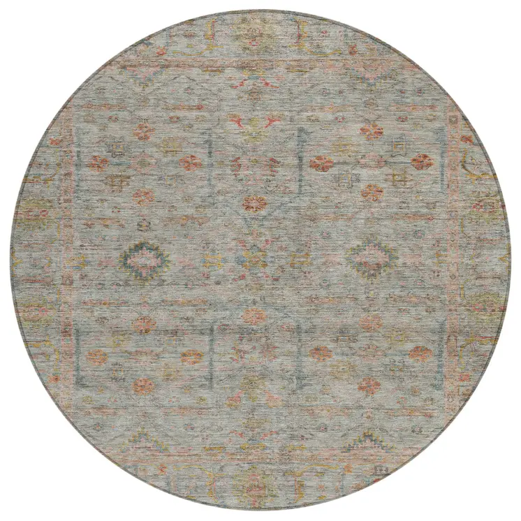 8' Taupe Terra Cotta And Tan Round Floral Washable Indoor Outdoor Area Rug
