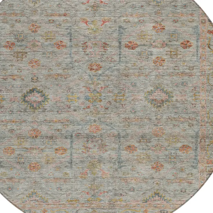8' Taupe Terra Cotta And Tan Round Floral Washable Indoor Outdoor Area Rug