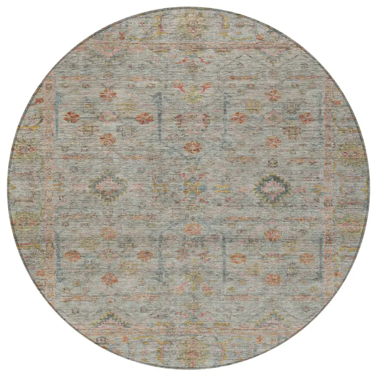 8' Taupe Terra Cotta And Tan Round Floral Washable Indoor Outdoor Area Rug
