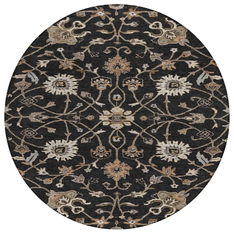 8' Black Brown And Ivory Round Floral Washable Indoor Outdoor Area Rug