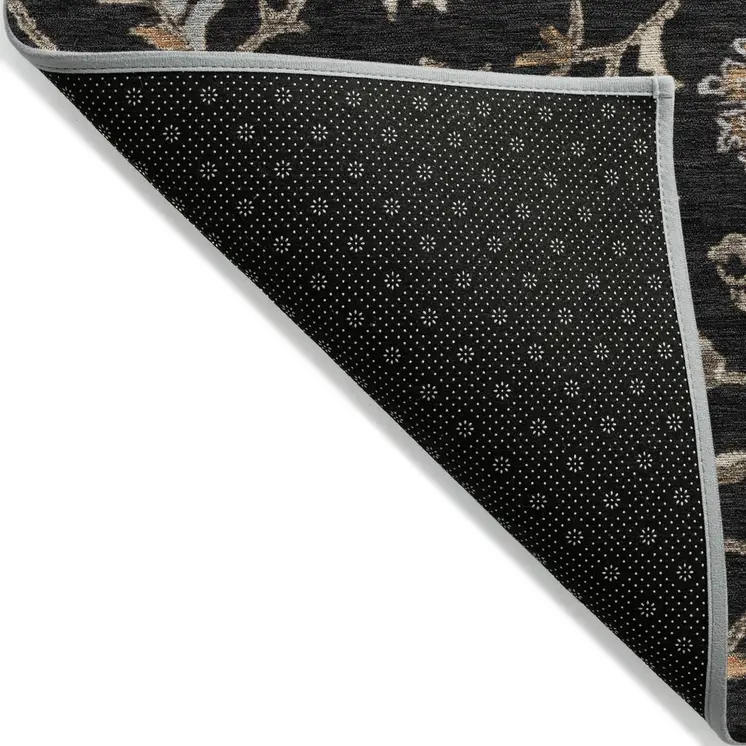 8' Black Brown And Ivory Round Floral Washable Indoor Outdoor Area Rug
