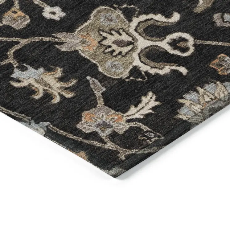 8' Black Brown And Ivory Round Floral Washable Indoor Outdoor Area Rug