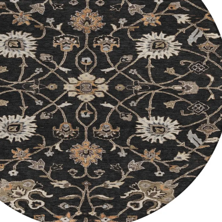 8' Black Brown And Ivory Round Floral Washable Indoor Outdoor Area Rug