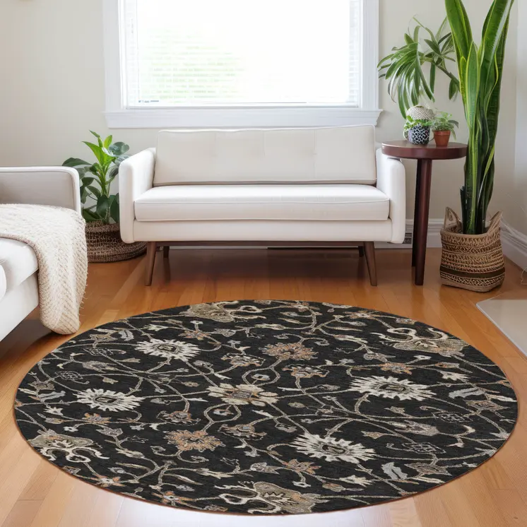 8' Black Brown And Ivory Round Floral Washable Indoor Outdoor Area Rug