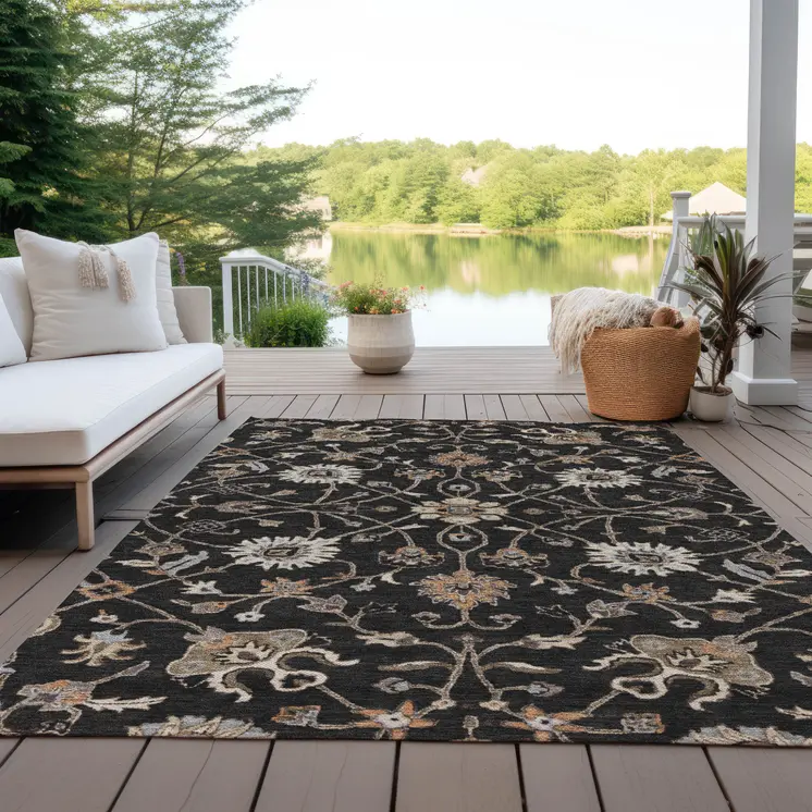 8' X 10' Black Brown And Ivory Floral Washable Indoor Outdoor Area Rug