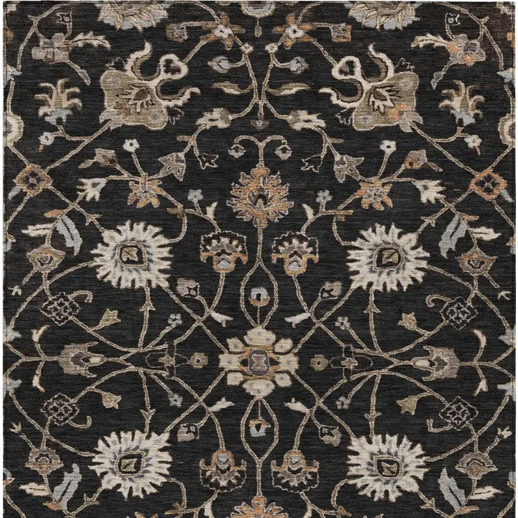 8' X 10' Black Brown And Ivory Floral Washable Indoor Outdoor Area Rug