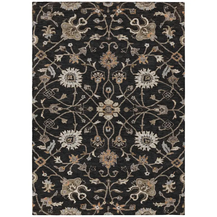 9' X 12' Black Brown And Ivory Floral Washable Indoor Outdoor Area Rug