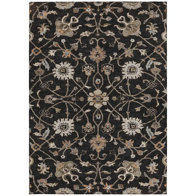 10' X 14' Black Brown And Ivory Floral Washable Indoor Outdoor Area Rug