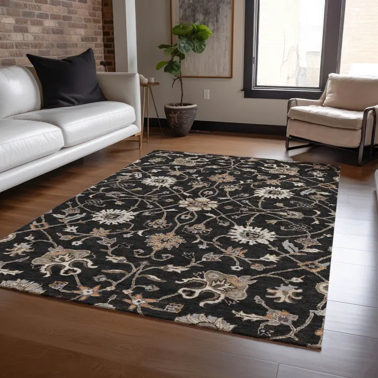 10' X 14' Black Brown And Ivory Floral Washable Indoor Outdoor Area Rug