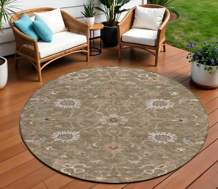 8' Brown Ivory And Coral Round Floral Washable Indoor Outdoor Area Rug