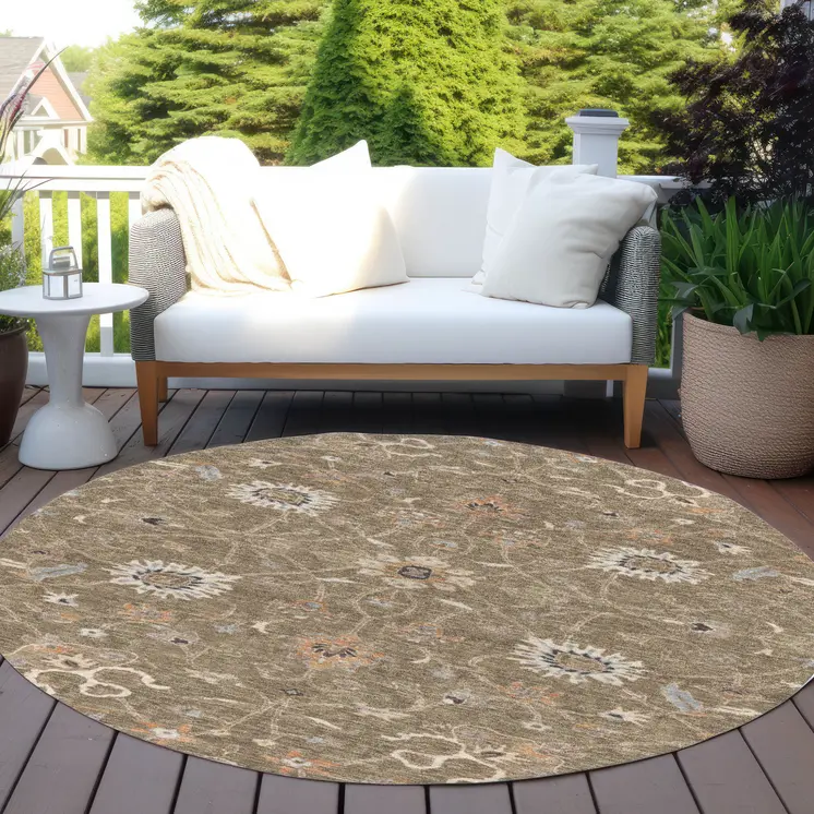8' Brown Ivory And Coral Round Floral Washable Indoor Outdoor Area Rug