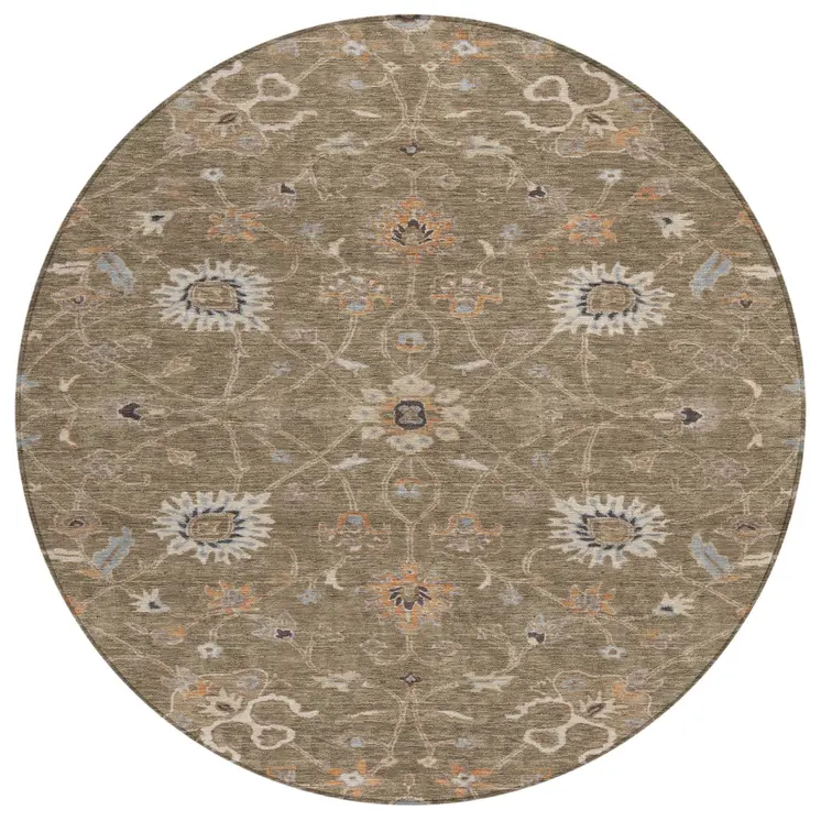 8' Brown Ivory And Coral Round Floral Washable Indoor Outdoor Area Rug