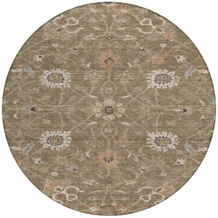 8' Brown Ivory And Coral Round Floral Washable Indoor Outdoor Area Rug