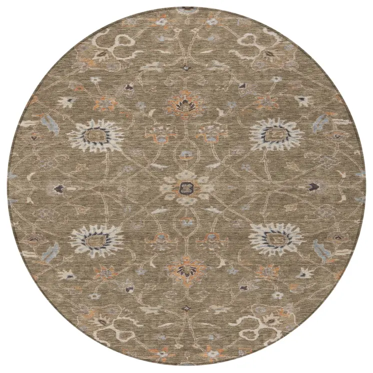 8' Brown Ivory And Coral Round Floral Washable Indoor Outdoor Area Rug