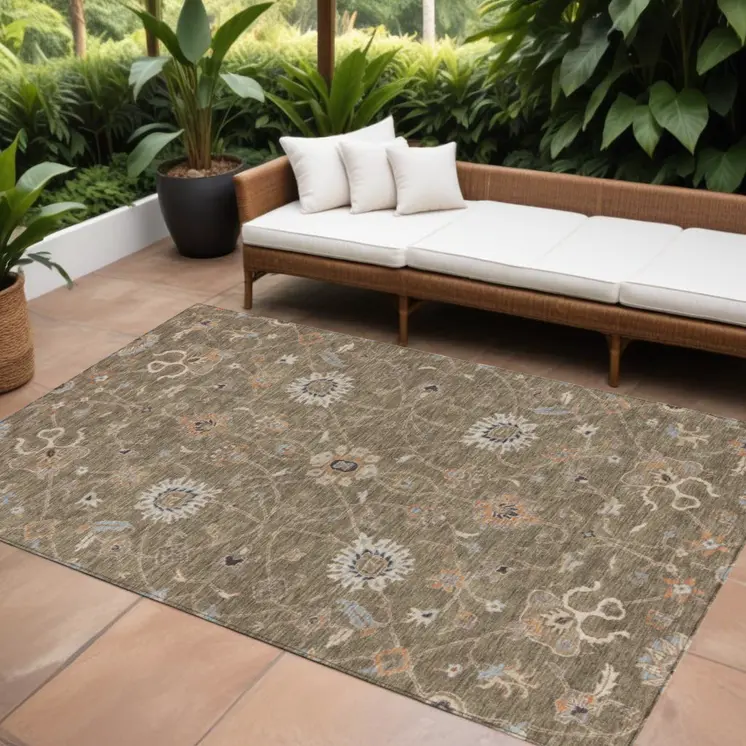 8' X 10' Brown Ivory And Coral Floral Washable Indoor Outdoor Area Rug