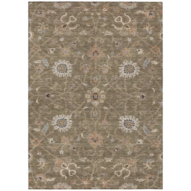8' X 10' Brown Ivory And Coral Floral Washable Indoor Outdoor Area Rug
