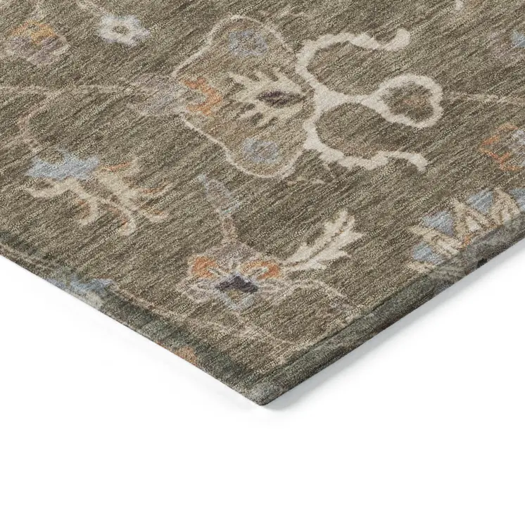 8' X 10' Brown Ivory And Coral Floral Washable Indoor Outdoor Area Rug
