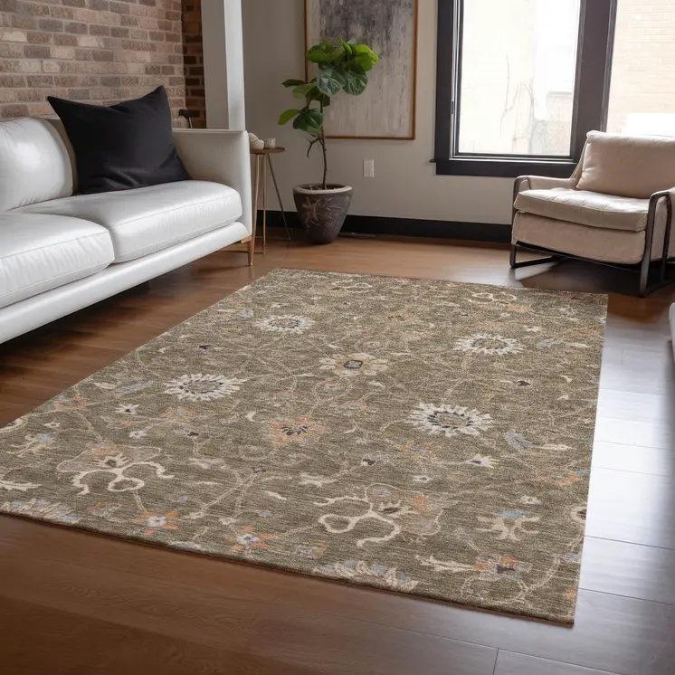 8' X 10' Brown Ivory And Coral Floral Washable Indoor Outdoor Area Rug