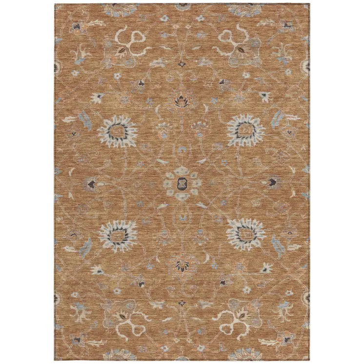 3' X 5' Copper Ivory And Black Floral Washable Indoor Outdoor Area Rug