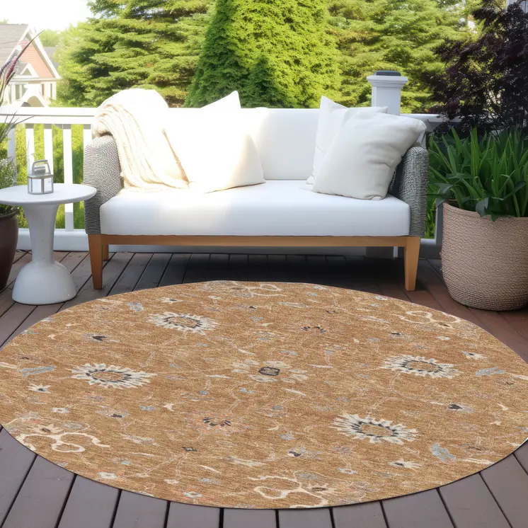 8' Copper Ivory And Black Round Floral Washable Indoor Outdoor Area Rug