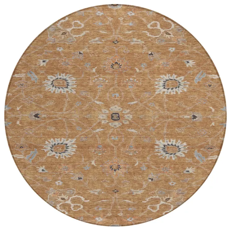 8' Copper Ivory And Black Round Floral Washable Indoor Outdoor Area Rug
