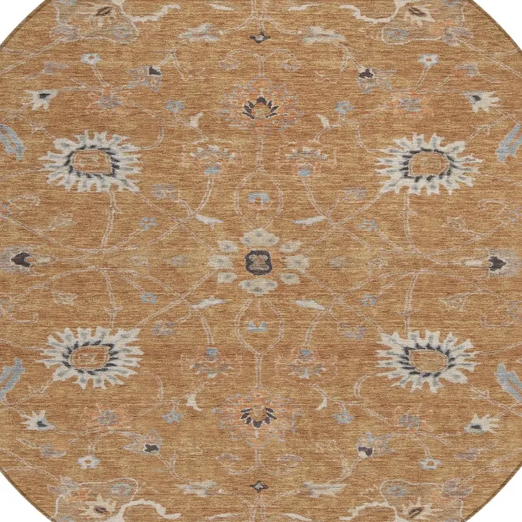 8' Copper Ivory And Black Round Floral Washable Indoor Outdoor Area Rug