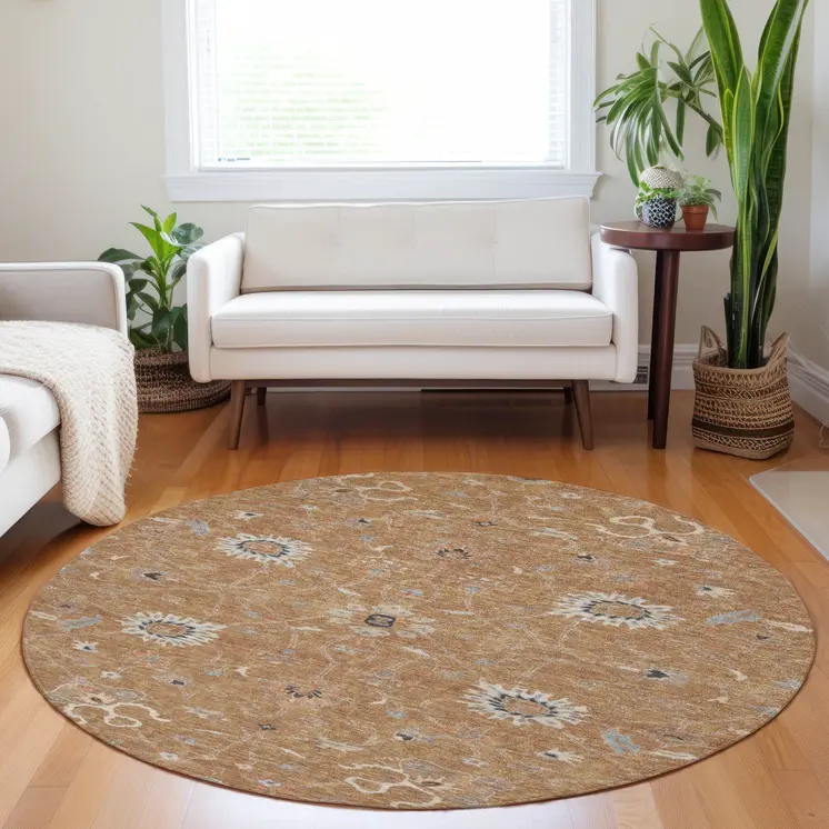 8' Copper Ivory And Black Round Floral Washable Indoor Outdoor Area Rug
