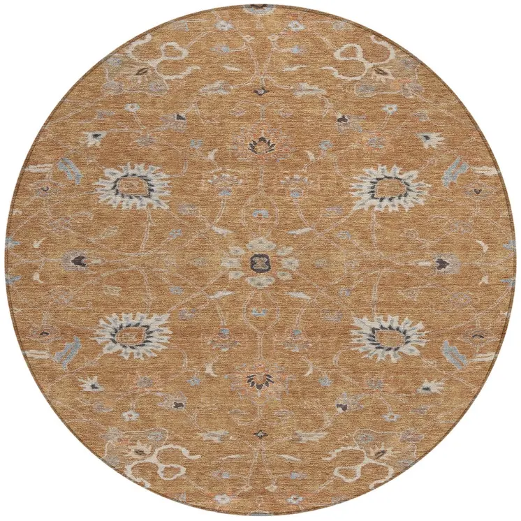 8' Copper Ivory And Black Round Floral Washable Indoor Outdoor Area Rug