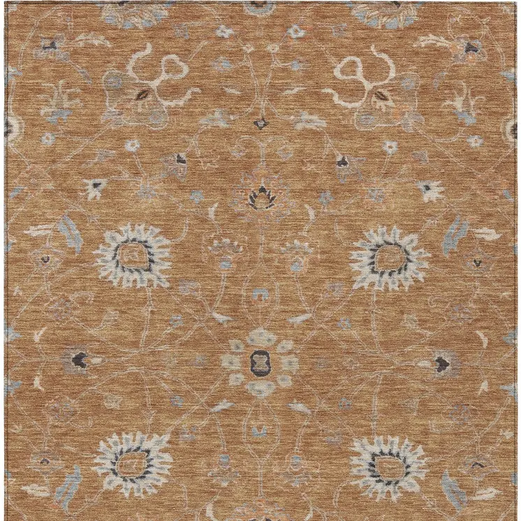 9' X 12' Copper Ivory And Black Floral Washable Indoor Outdoor Area Rug
