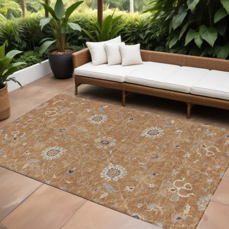 9' X 12' Copper Ivory And Black Floral Washable Indoor Outdoor Area Rug
