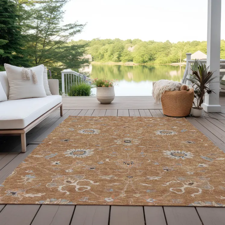9' X 12' Copper Ivory And Black Floral Washable Indoor Outdoor Area Rug