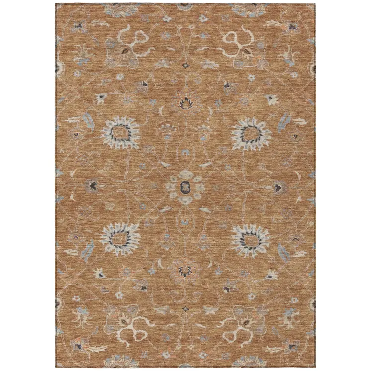 9' X 12' Copper Ivory And Black Floral Washable Indoor Outdoor Area Rug