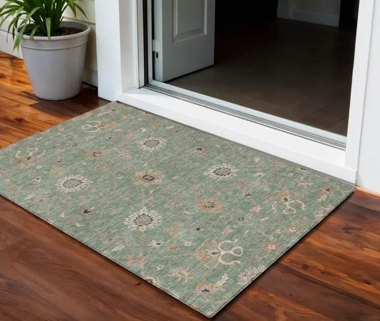 3' X 5' Artichoke Green Ivory And Coral Floral Washable Indoor Outdoor Area Rug
