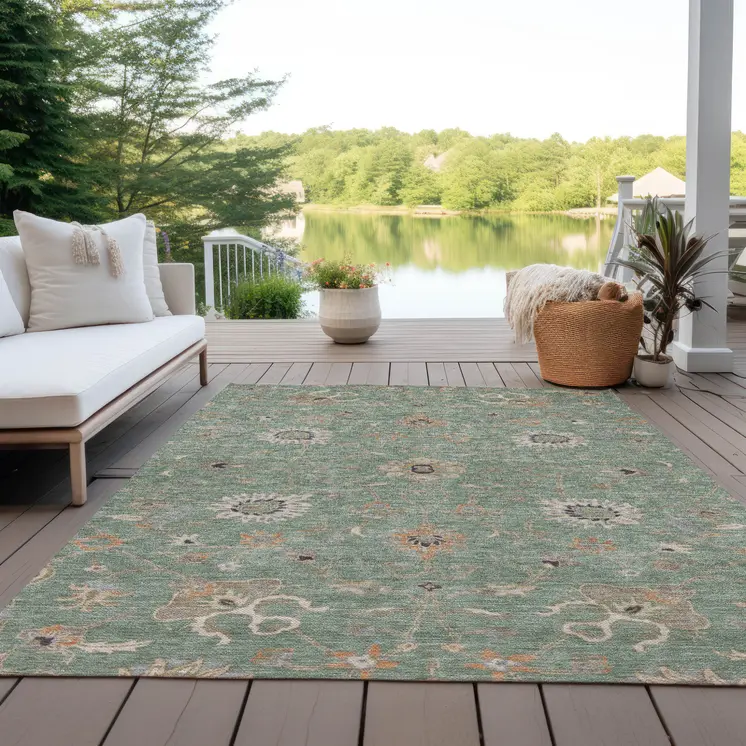 3' X 5' Artichoke Green Ivory And Coral Floral Washable Indoor Outdoor Area Rug